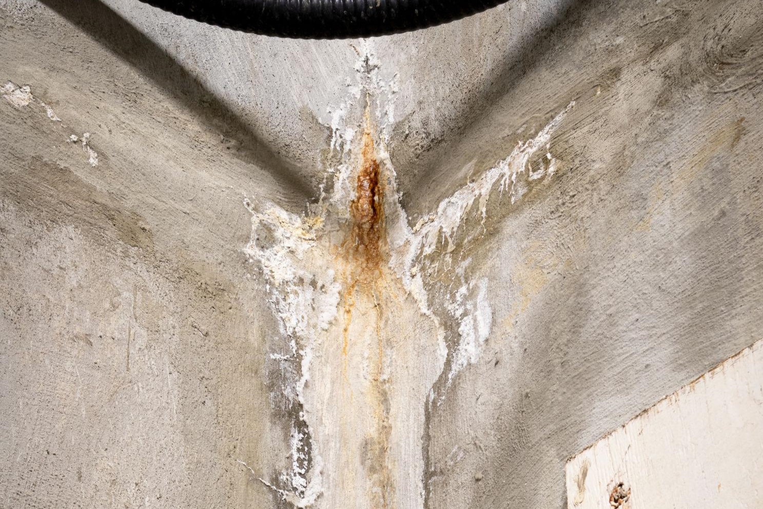 water damaged in concrete wall corner indoors