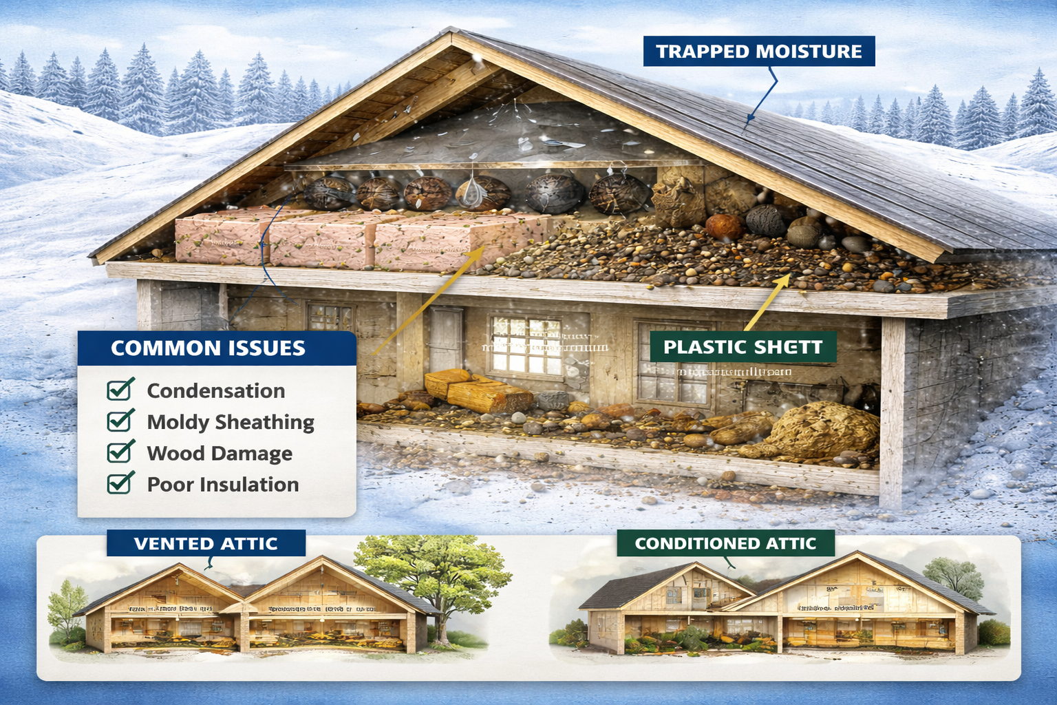 Why Adding Plastic Over Attic Insulation Can Cause Mold Problems in the Northeast Why Adding Plastic Over Attic Insulation Can Cause Mold Problems in the Northeast